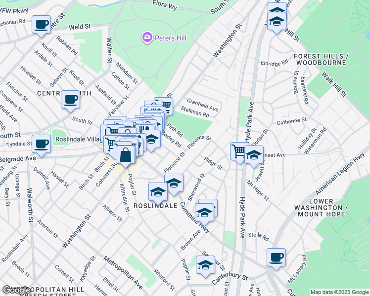 map of restaurants, bars, coffee shops, grocery stores, and more near 113 Florence Street in Boston