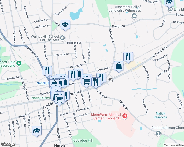map of restaurants, bars, coffee shops, grocery stores, and more near 101 North Avenue in Natick