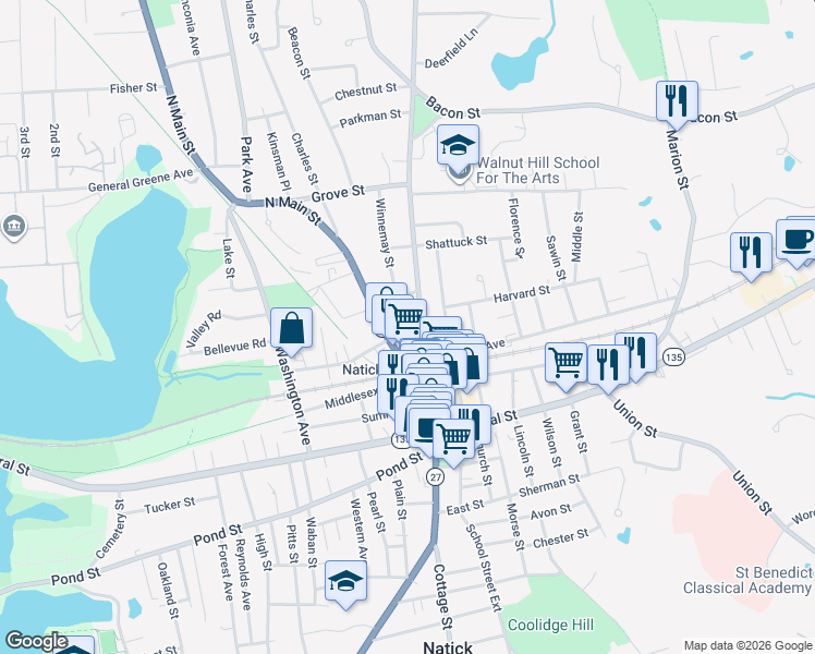 map of restaurants, bars, coffee shops, grocery stores, and more near 25 North Main Street in Natick