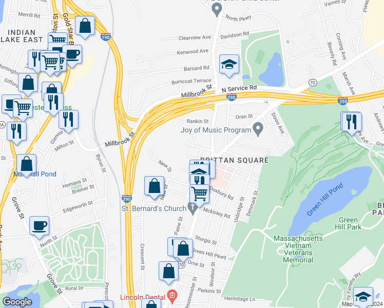 map of restaurants, bars, coffee shops, grocery stores, and more near 17 Norton Street in Worcester
