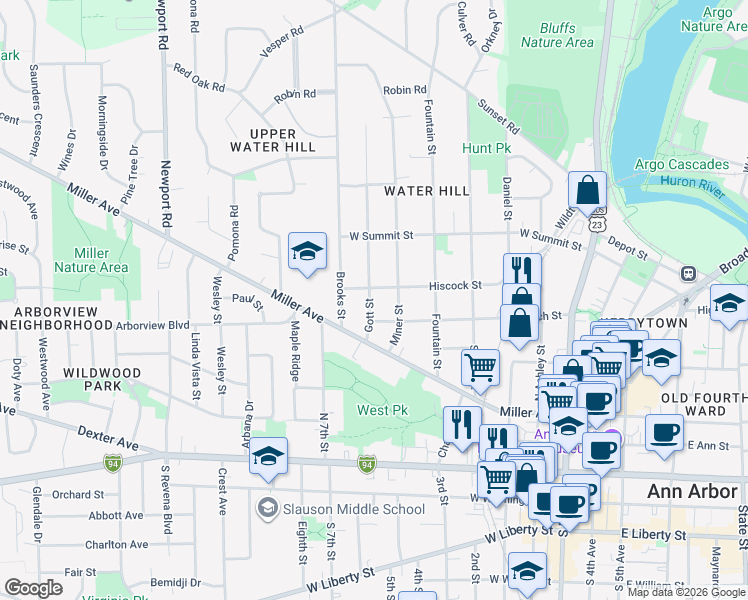 map of restaurants, bars, coffee shops, grocery stores, and more near 603 Gott Street in Ann Arbor