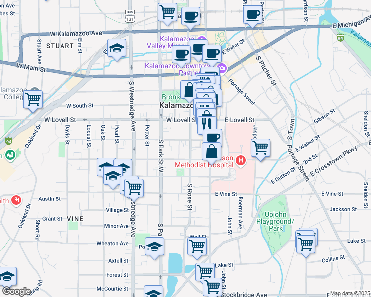 map of restaurants, bars, coffee shops, grocery stores, and more near 218 West Walnut Street in Kalamazoo