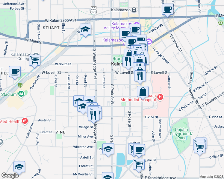 map of restaurants, bars, coffee shops, grocery stores, and more near 524 South Park Street in Kalamazoo