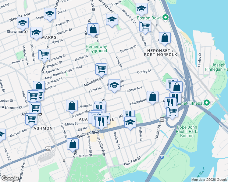 map of restaurants, bars, coffee shops, grocery stores, and more near 24 Oakton Avenue in Boston