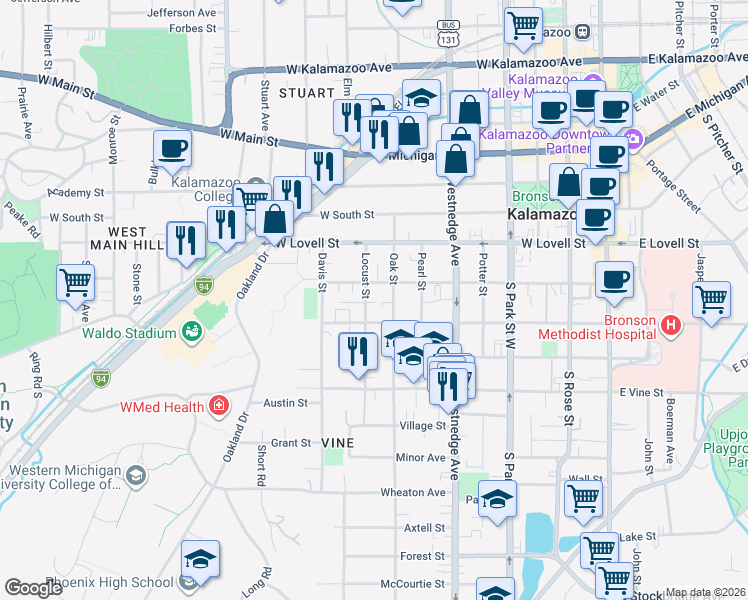 map of restaurants, bars, coffee shops, grocery stores, and more near 712 West Walnut Street in Kalamazoo