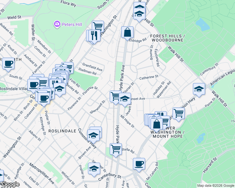 map of restaurants, bars, coffee shops, grocery stores, and more near 409 Hyde Park Avenue in Boston