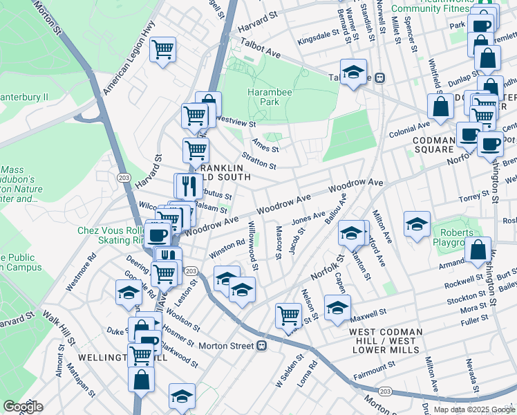 map of restaurants, bars, coffee shops, grocery stores, and more near 170 Woodrow Avenue in Boston