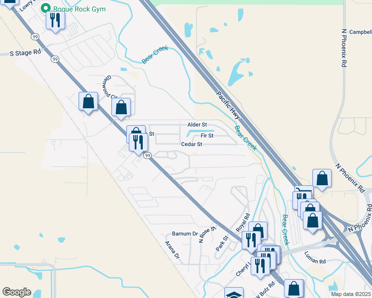map of restaurants, bars, coffee shops, grocery stores, and more near 8514 East Evans Creek Road in Medford