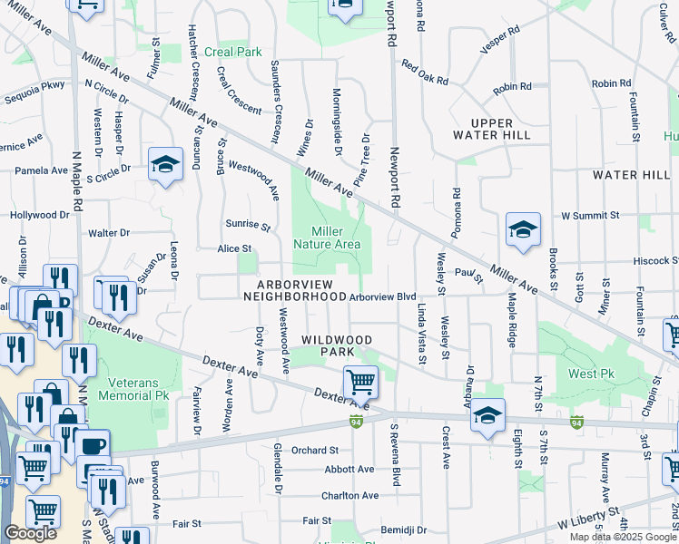 map of restaurants, bars, coffee shops, grocery stores, and more near 1614 Arborview Boulevard in Ann Arbor