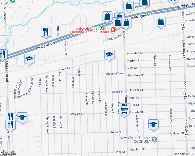 map of restaurants, bars, coffee shops, grocery stores, and more near 3258 Henry Street in Inkster