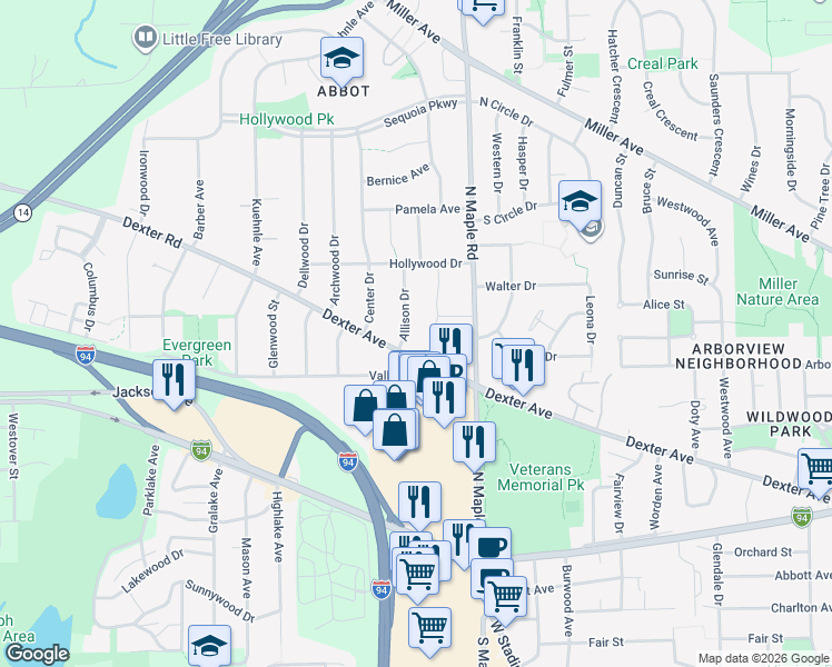 map of restaurants, bars, coffee shops, grocery stores, and more near 2588 Dexter Avenue in Ann Arbor