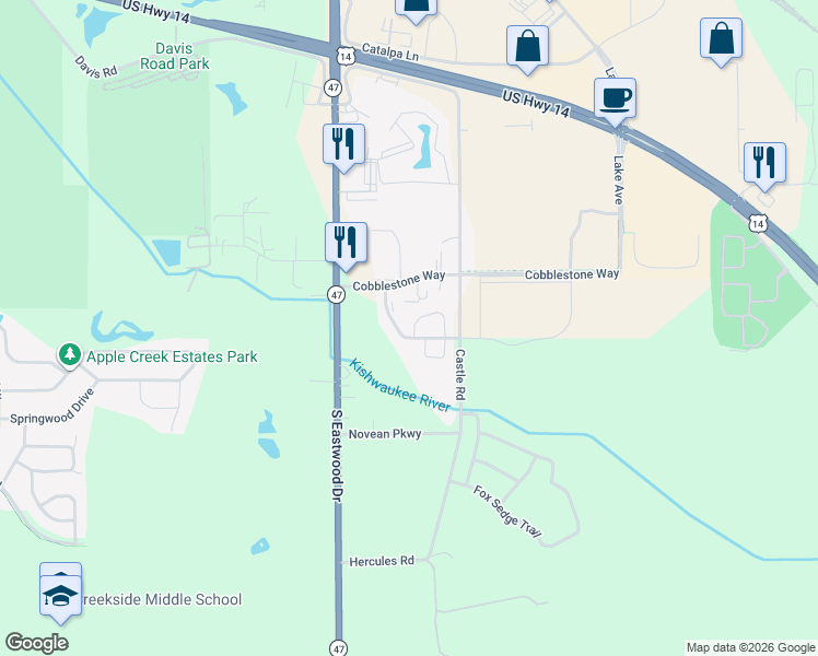 map of restaurants, bars, coffee shops, grocery stores, and more near 2305 Linden Drive in Woodstock