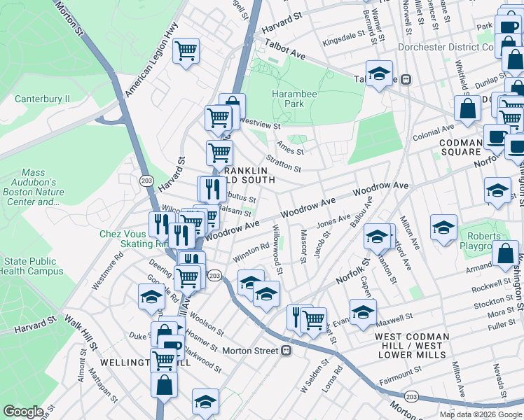 map of restaurants, bars, coffee shops, grocery stores, and more near 170 Woodrow Avenue in Boston