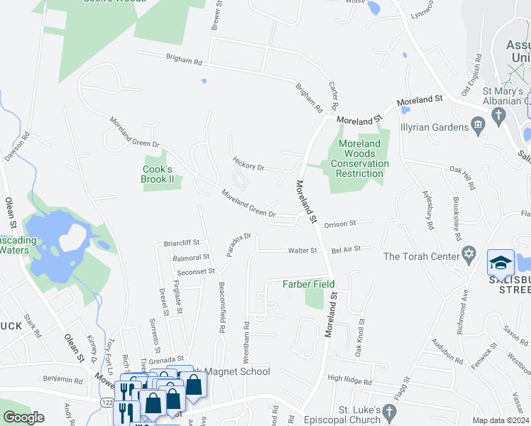 map of restaurants, bars, coffee shops, grocery stores, and more near 9 Moreland Green Drive in Worcester