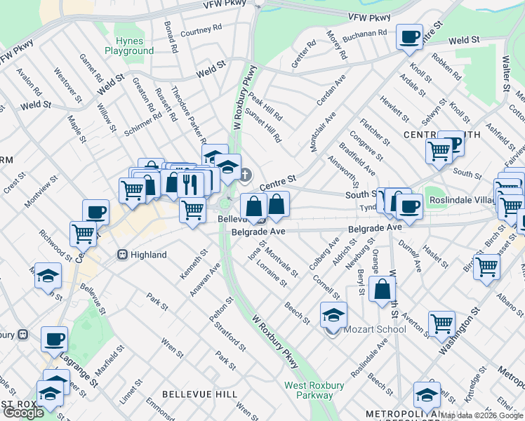 map of restaurants, bars, coffee shops, grocery stores, and more near 4 McCraw Street in Boston