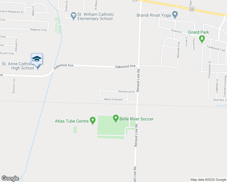 map of restaurants, bars, coffee shops, grocery stores, and more near Rosewood Drive in Lakeshore