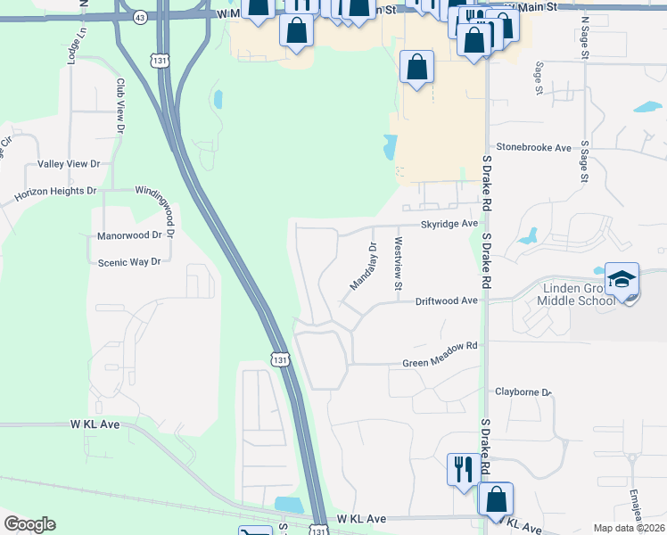 map of restaurants, bars, coffee shops, grocery stores, and more near 278 Mandalay Drive in Kalamazoo