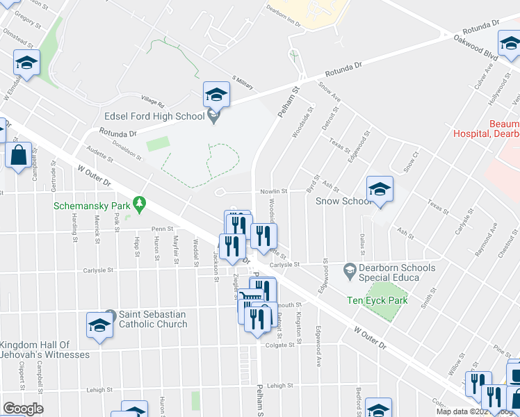 map of restaurants, bars, coffee shops, grocery stores, and more near 3351 Pelham Street in Dearborn