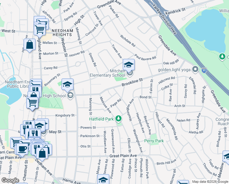 map of restaurants, bars, coffee shops, grocery stores, and more near 12 Upland Road in Needham