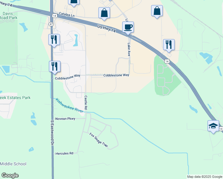 map of restaurants, bars, coffee shops, grocery stores, and more near 1450 Commons Drive in Woodstock