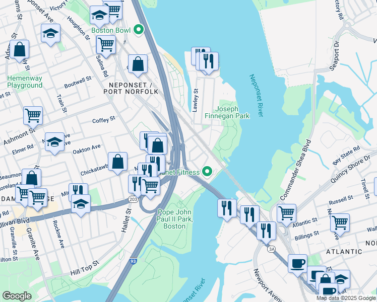 map of restaurants, bars, coffee shops, grocery stores, and more near 38 Walnut Street in Boston