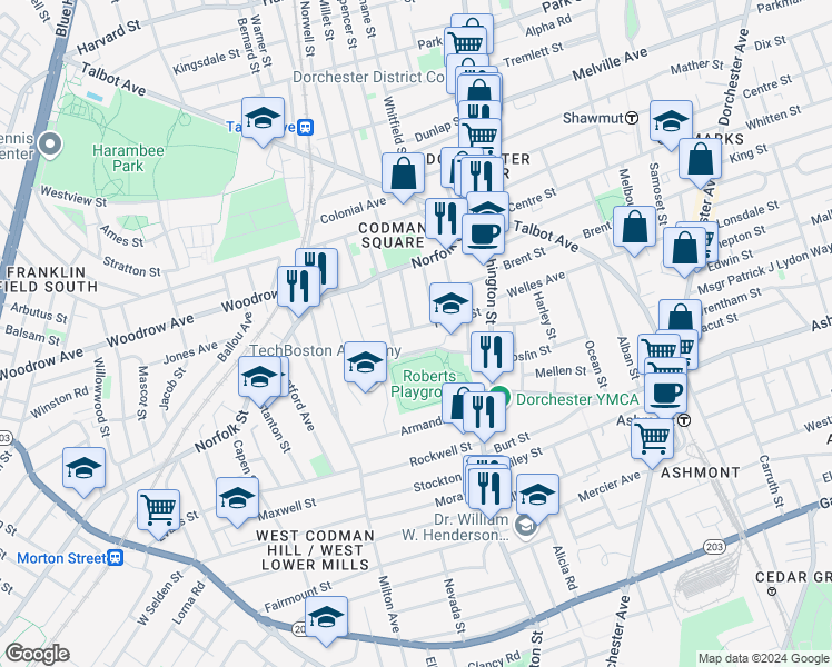 map of restaurants, bars, coffee shops, grocery stores, and more near 6 Wentworth Terrace in Boston