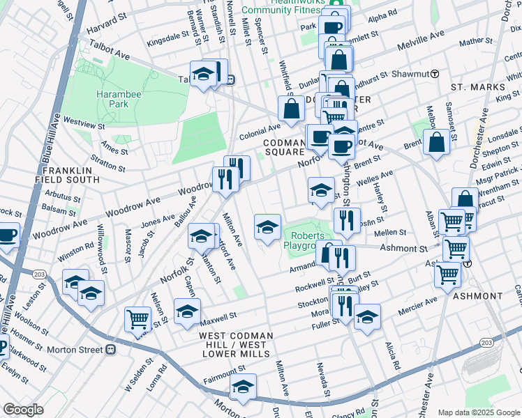 map of restaurants, bars, coffee shops, grocery stores, and more near 48 Peacevale Road in Boston