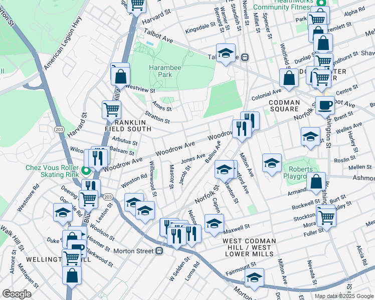 map of restaurants, bars, coffee shops, grocery stores, and more near 41 Jones Avenue in Boston