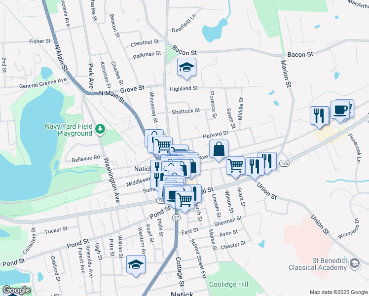 map of restaurants, bars, coffee shops, grocery stores, and more near 45 Washington Street in Natick