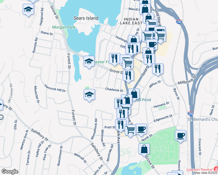 map of restaurants, bars, coffee shops, grocery stores, and more near 17 Chadwick Street in Worcester