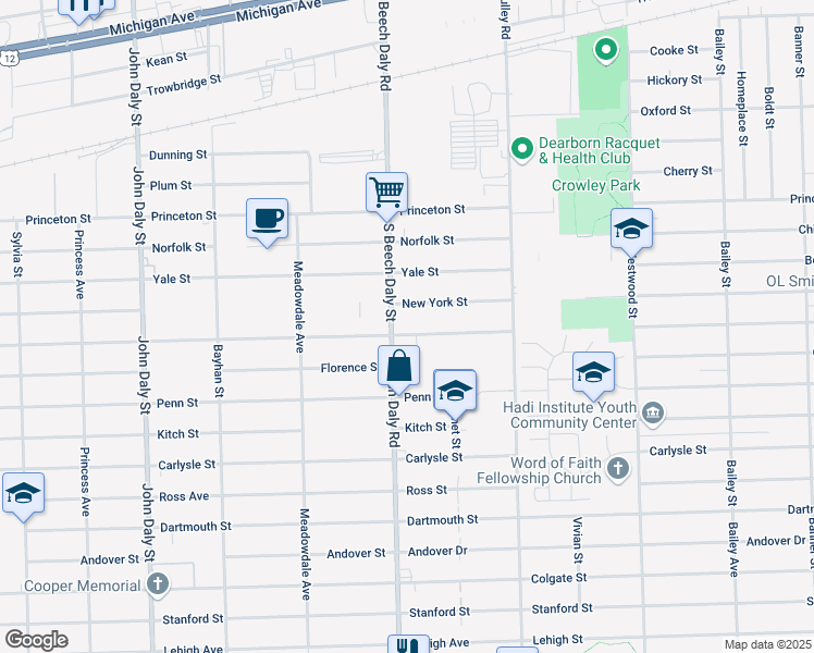 map of restaurants, bars, coffee shops, grocery stores, and more near 3333 South Beech Daly Street in Dearborn Heights