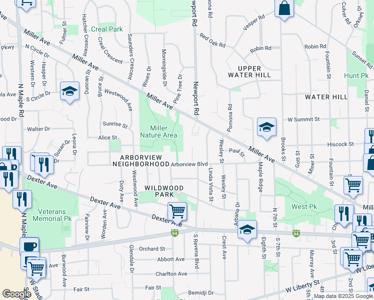 map of restaurants, bars, coffee shops, grocery stores, and more near 1500 Arborview Boulevard in Ann Arbor