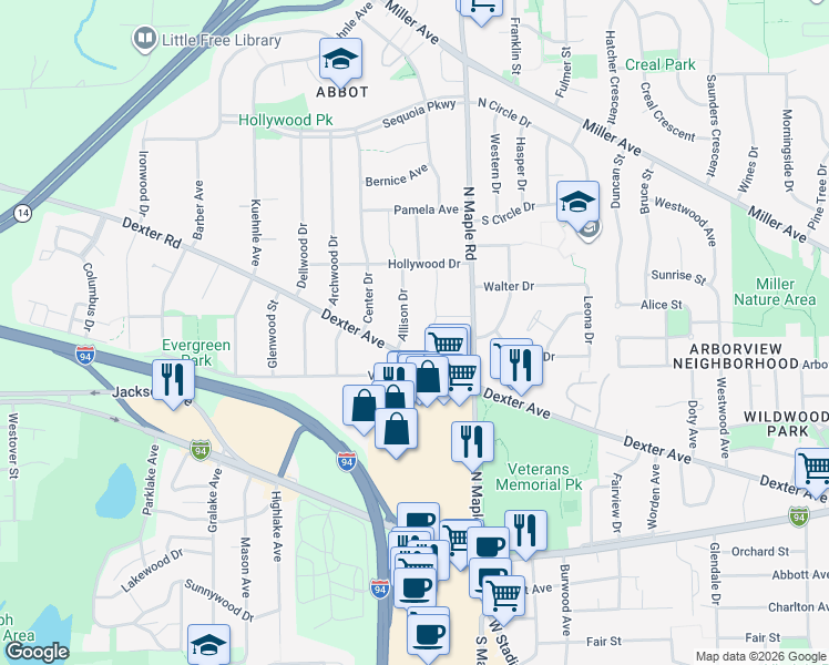 map of restaurants, bars, coffee shops, grocery stores, and more near 2588 Dexter Avenue in Ann Arbor