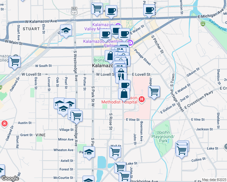 map of restaurants, bars, coffee shops, grocery stores, and more near 118 West Walnut Street in Kalamazoo