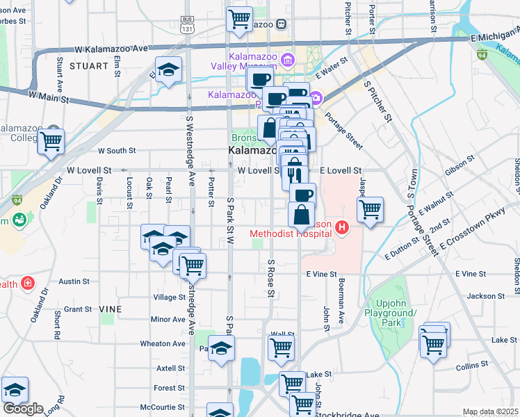 map of restaurants, bars, coffee shops, grocery stores, and more near 218 West Walnut Street in Kalamazoo