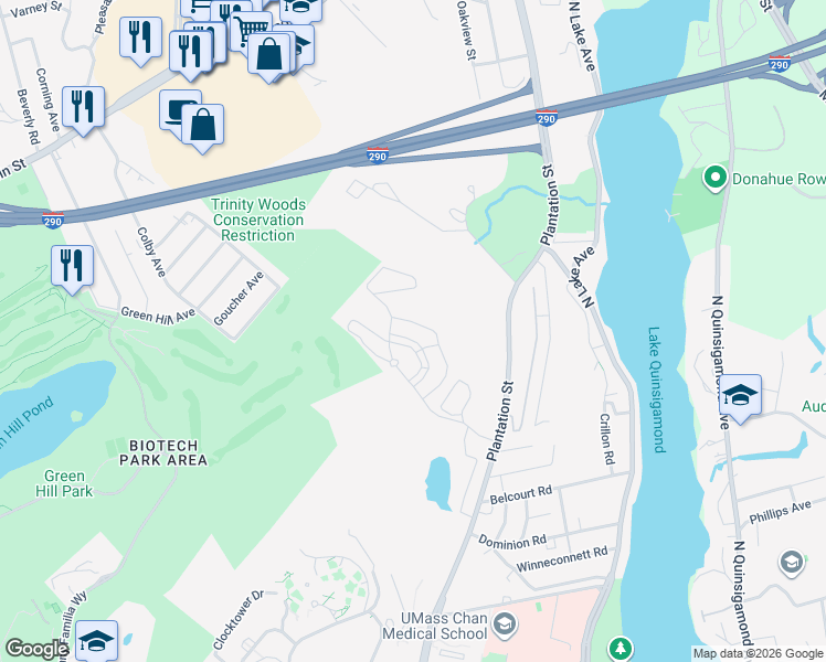 map of restaurants, bars, coffee shops, grocery stores, and more near 505 Plantation Street in Worcester
