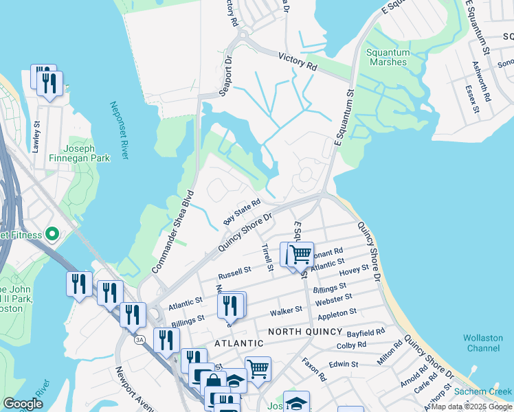 map of restaurants, bars, coffee shops, grocery stores, and more near 220 Quincy Shore Drive in Quincy