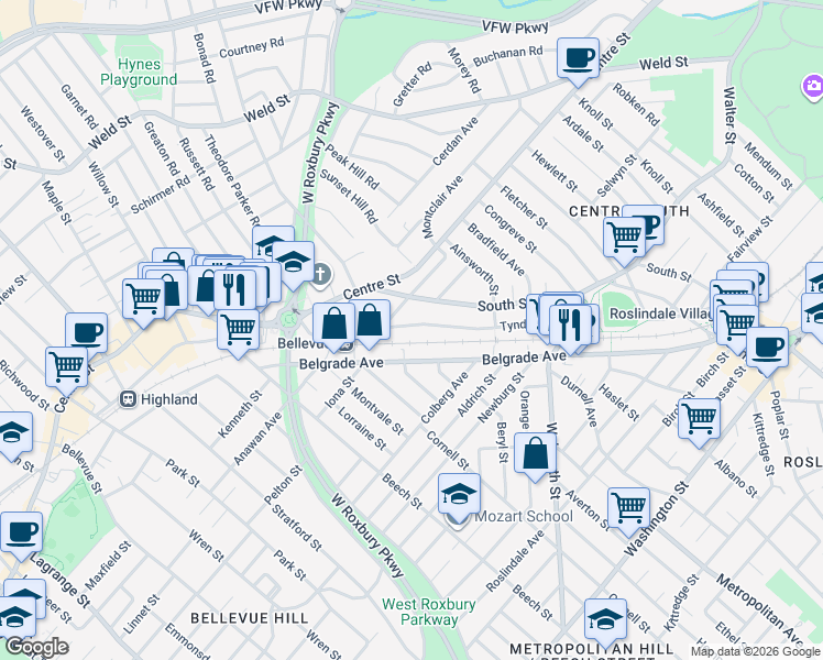 map of restaurants, bars, coffee shops, grocery stores, and more near 126 Tyndale Street in Boston