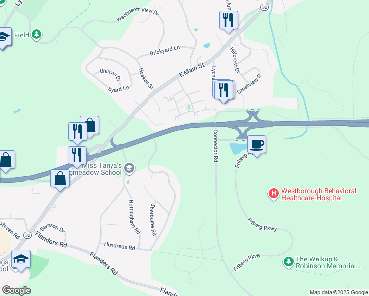 map of restaurants, bars, coffee shops, grocery stores, and more near 19 Connector Road in Westborough