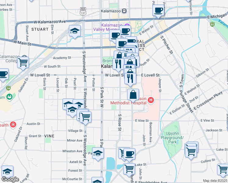 map of restaurants, bars, coffee shops, grocery stores, and more near 513 Walnut Court in Kalamazoo