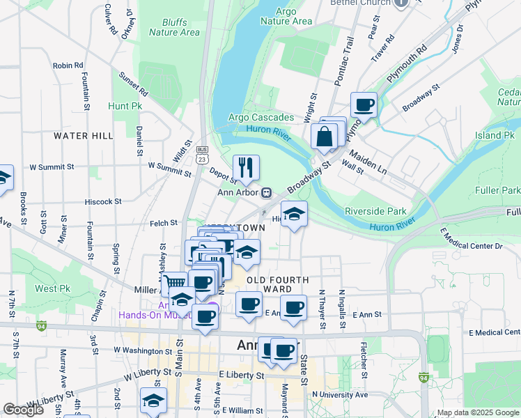 map of restaurants, bars, coffee shops, grocery stores, and more near 800 Broadway Street in Ann Arbor