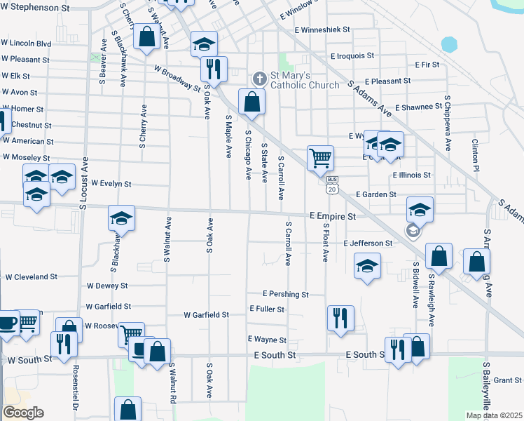 map of restaurants, bars, coffee shops, grocery stores, and more near 20 East Empire Street in Freeport