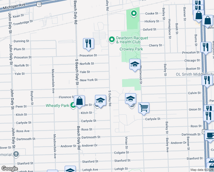 map of restaurants, bars, coffee shops, grocery stores, and more near 25418 Notre Dame Street in Dearborn Heights