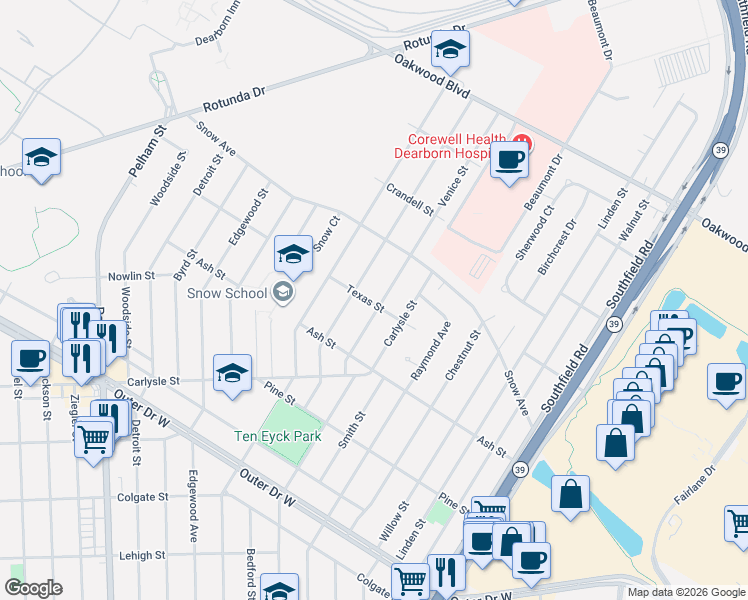 map of restaurants, bars, coffee shops, grocery stores, and more near 2015 Venice Street in Dearborn