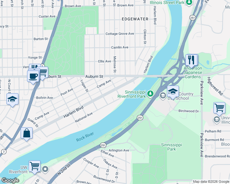 map of restaurants, bars, coffee shops, grocery stores, and more near 1826 National Avenue in Rockford