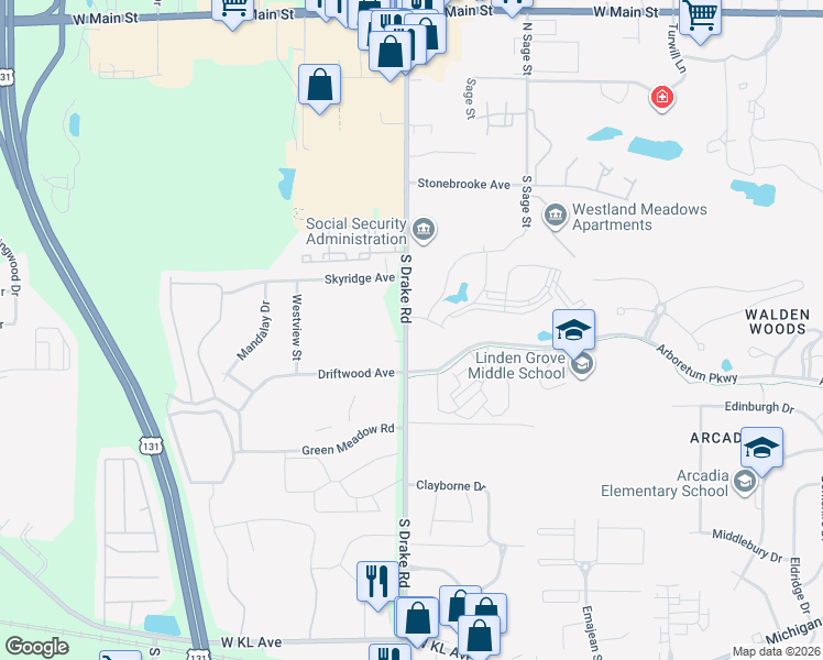 map of restaurants, bars, coffee shops, grocery stores, and more near 565 South Drake Road in Kalamazoo