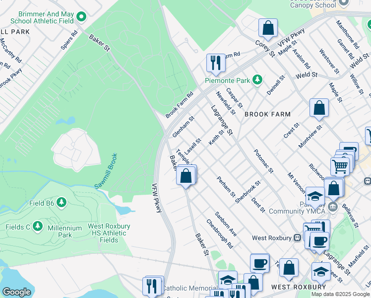map of restaurants, bars, coffee shops, grocery stores, and more near 6 Lasell Street in Boston