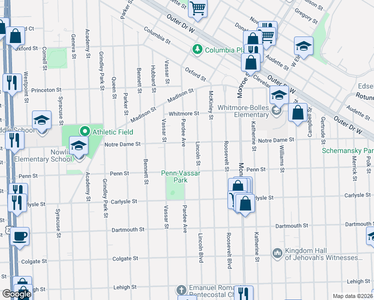 map of restaurants, bars, coffee shops, grocery stores, and more near 3331 Pardee Avenue in Dearborn