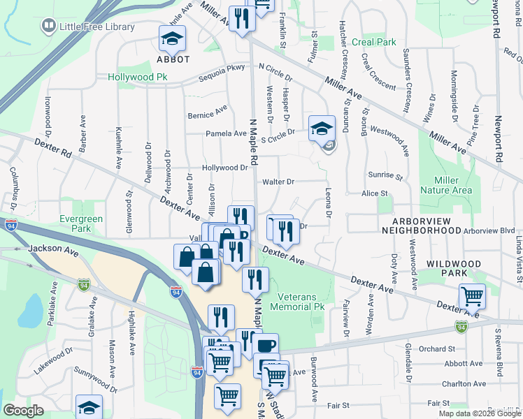 map of restaurants, bars, coffee shops, grocery stores, and more near 2415 Faye Drive in Ann Arbor