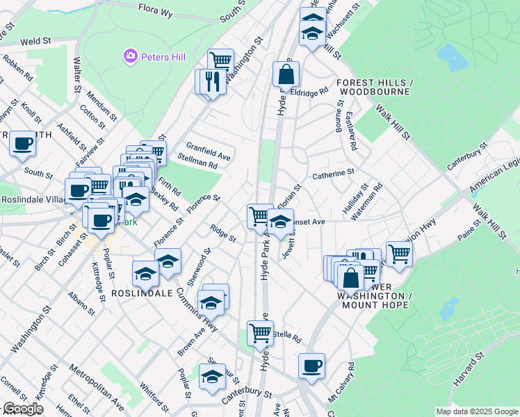 map of restaurants, bars, coffee shops, grocery stores, and more near 409 Hyde Park Avenue in Boston